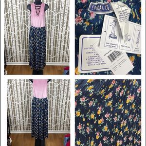 NEW Boho Navy Blue Floral Print Broomstick Maxi Skirt sz M